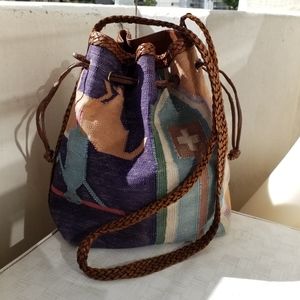 Vtg L.J. Simone Tribal Tapestry Drawstring braided leather drawstring bucket bag